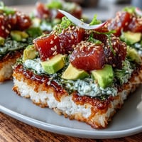 Crispy rice salad with avocado and spicy tuna, a colorful sushi-inspired dish bursting with texture and flavor.  
