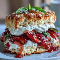 Fluffy biscuits topped with fresh strawberries, basil, and whipped cream for a sweet summer treat.  